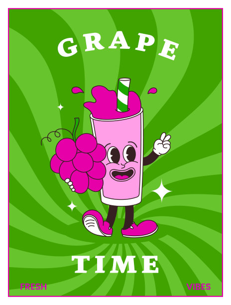 漫画人物果汁或冰沙葡萄条纹阳光背景。手绘复古风格的搞笑吉祥物。模板矢量插图为海报，封面和印刷品图片下载