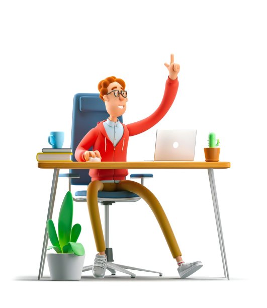 书呆子拉里坐在桌子旁，手里拿着一台电脑。3 d演示。图片下载