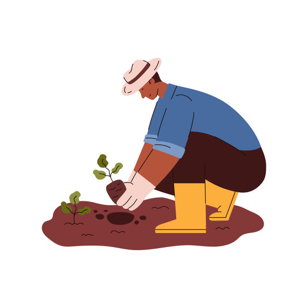 农民种植植物在土壤中，平面卡通矢量插图孤立。图片下载