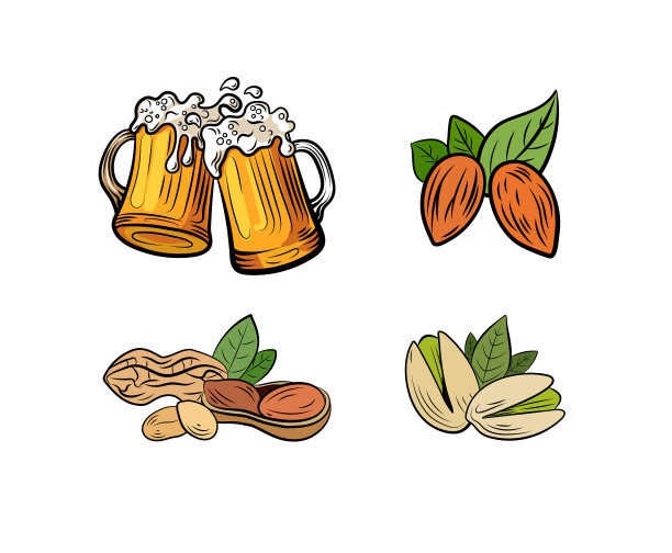 一套彩色图标啤酒杯和坚果图片下载
