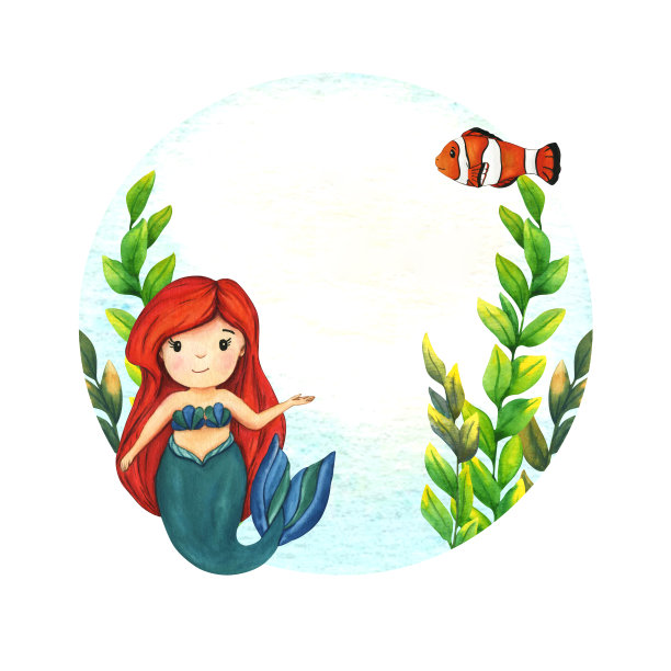 框架。水彩画绿色海藻，可爱的美人鱼，蓝色泡泡里的卡通小丑鱼。海字孤立在白色背景上。手绘插画水下草为孩子印刷，装饰和设计图片下载