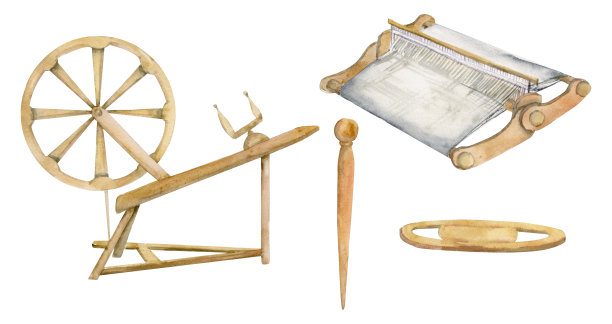 手绘水彩线织布机，爱好纺车设备，手工布艺。插图孤立对象设置在白色背景上。用于商店标志，印刷品，名片，小册子图片下载