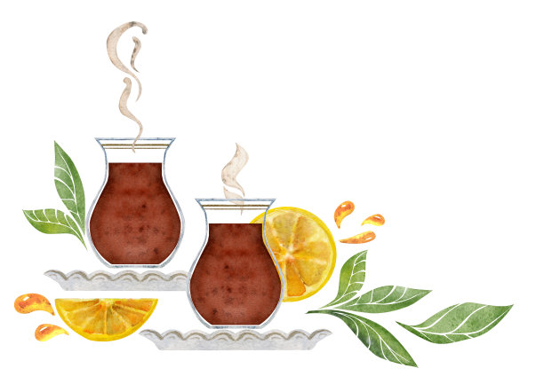 水彩手绘插图。茶托上的茶杯，绿叶和多汁的柠檬片。白色背景上孤立的物体。用于邀请函，咖啡厅，餐厅食物菜单，打印，网站，卡片图片下载