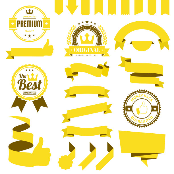 一套黄色丝带，旗帜，徽章，标签-设计元素在白色的背景图片下载