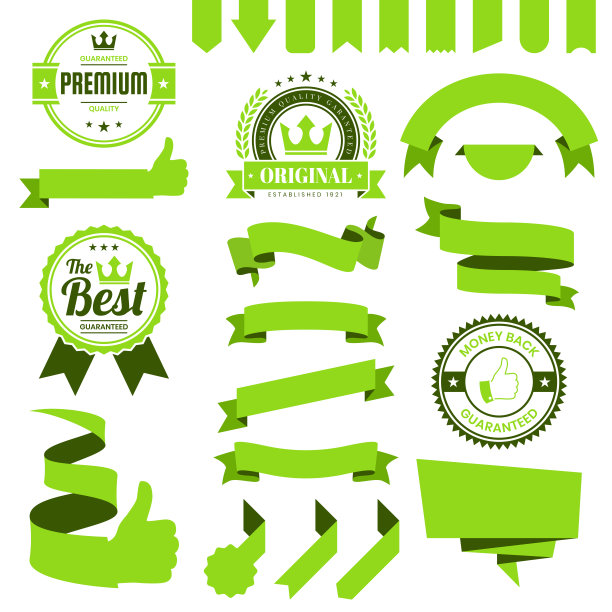一套绿色丝带，横幅，徽章，标签-设计元素在白色的背景图片下载