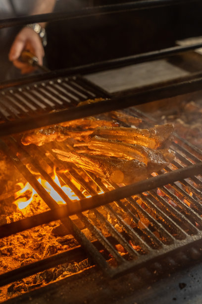 几块羊排放在热煤上的金属烤架上。图片下载