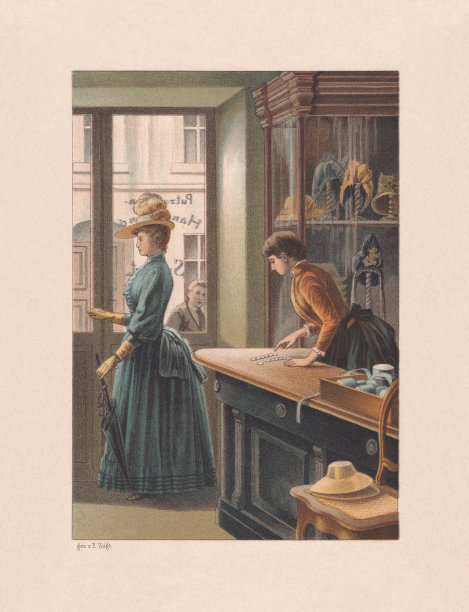 在女性时装工作室，彩色印刷，1890年出版图片下载