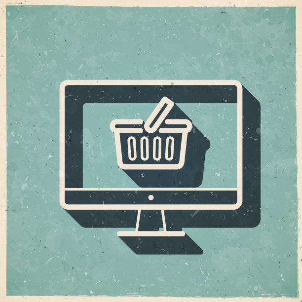 带购物篮的台式电脑。图标复古复古风格-旧纹理纸图片下载
