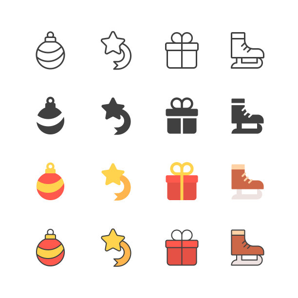 圣诞线，固体，扁平和彩色图标。可编辑的中风。包含圣诞泡泡，圣诞星，礼物，溜冰鞋等图标。图片下载