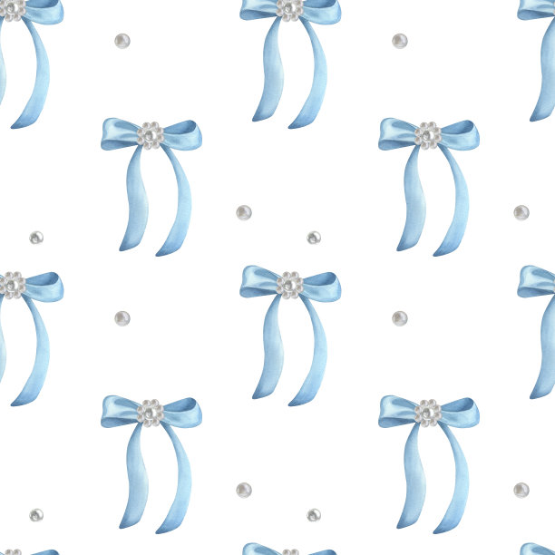无缝图案浅蓝色缎面丝绸弓。复古珍珠胸针珠宝。手绘水彩插图孤立在白色背景。用于纺织、印刷、包装图片下载