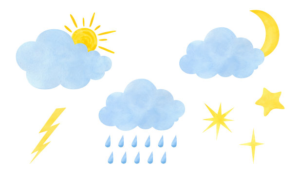 水彩插图，一组云，太阳，月亮，星星，雨孤立在一个白色的背景。手绘。图片下载