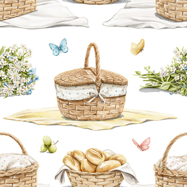 水彩无缝图案与复古野餐的对象图片下载