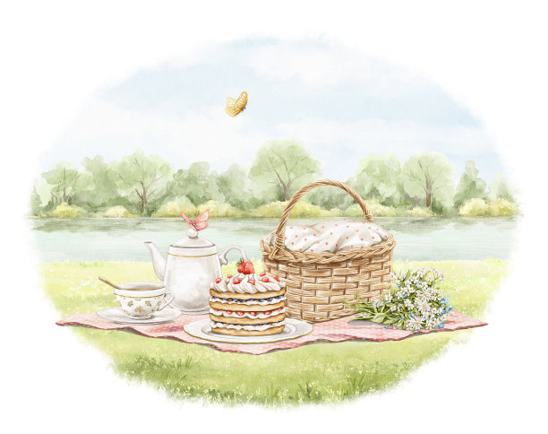 水彩卡通构图与老式柳条野餐篮子，格子和绿色景观上的食物图片下载