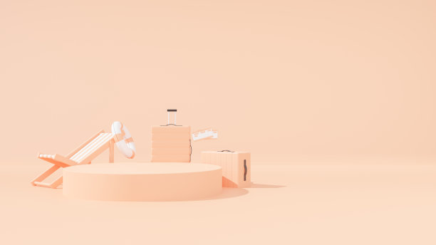 3 d渲染。高级产品展示，冒险之旅领奖台:橙色背景的时尚行李箱和机票。旅行的概念。图片下载