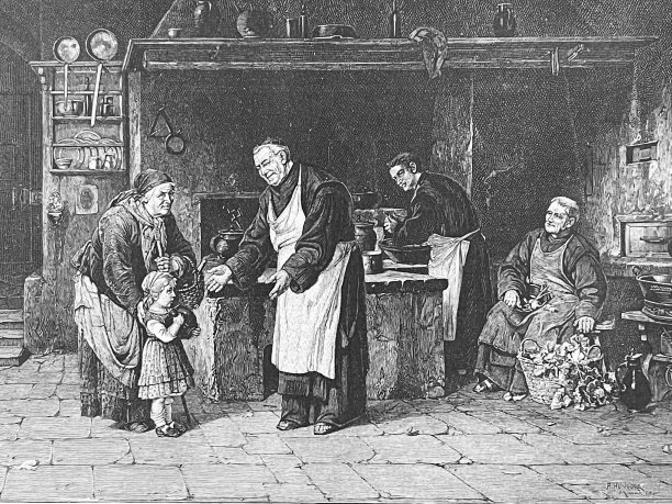 女孩从和尚那里拿汤喝图片下载