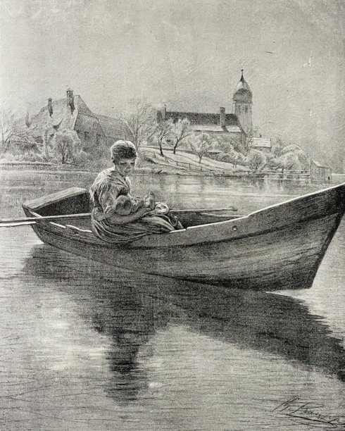 和平:母亲带着孩子在湖中泛舟图片下载