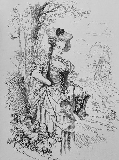 年轻漂亮的女人拿着花篮站在草地上图片下载