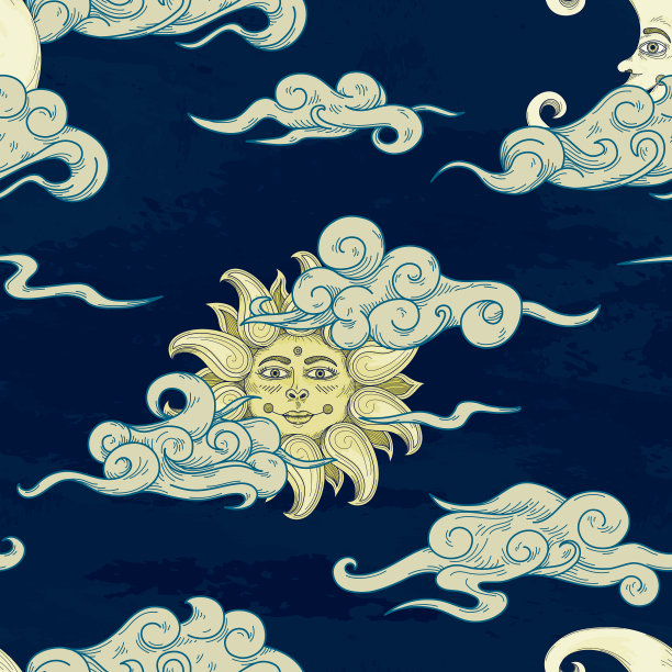 日月云风雕刻无缝图案图片下载