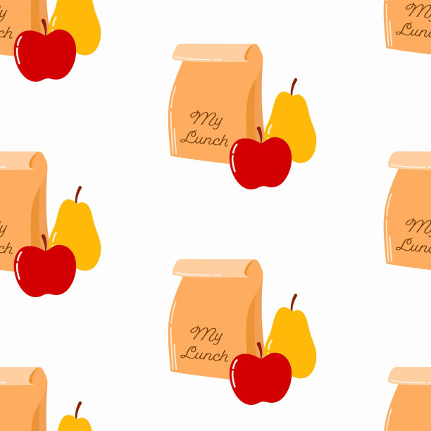 无缝图案手绘学校午餐盒与苹果和梨在孤立的背景。图片下载