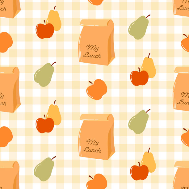 无缝图案的手绘学校饭盒与苹果和梨在格子桌布。图片下载