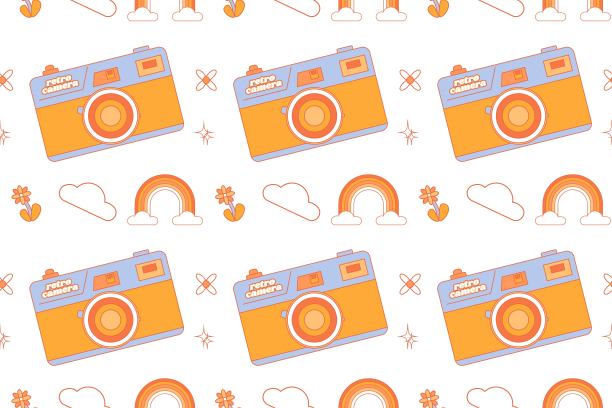 世界摄影日。8月19日。无缝图案在复古的groovy风格。假日概念的数字纸，剪贴簿和背景。图片下载