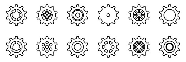 齿轮图标集。设置齿轮图标。机械齿轮轮廓集合。简单齿轮收集。齿轮图标轮廓。矢量插图与齿轮标志设置在白色背景上。图片下载