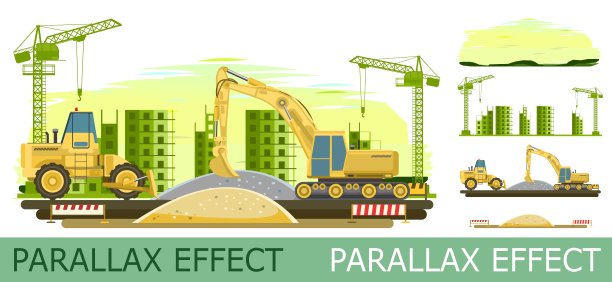 城市微区建设。拖拉机和挖掘机。一组幻灯片创建视差图像图层。卡通风格。孤立在白色背景上。向量。图片下载