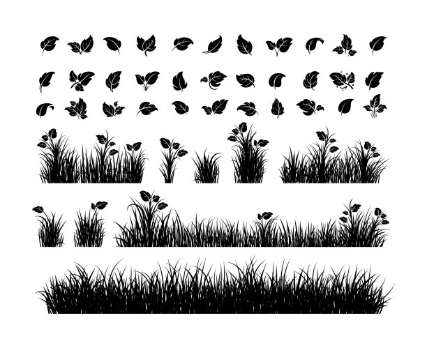 一套黑草剪影和叶子图标图片下载