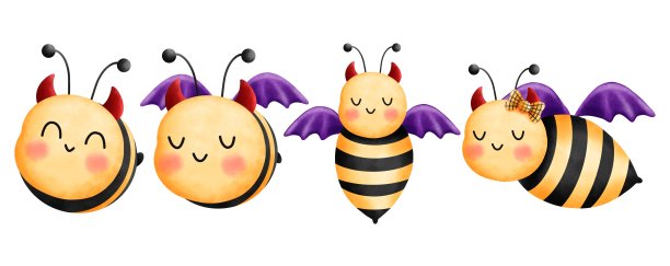 一套四个万圣节蜜蜂与红色的角和紫色的女巫翅膀。可爱的小昆虫插图在水彩剪贴画。图片下载