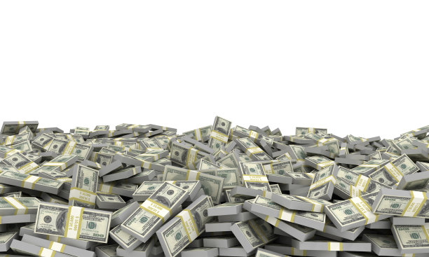一捆捆的百元美钞乱扔乱放。价值数十亿美元的钱分散在白色背景上图片下载