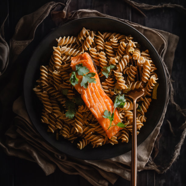 油炸三文鱼意面，黑色乡村风味图片下载
