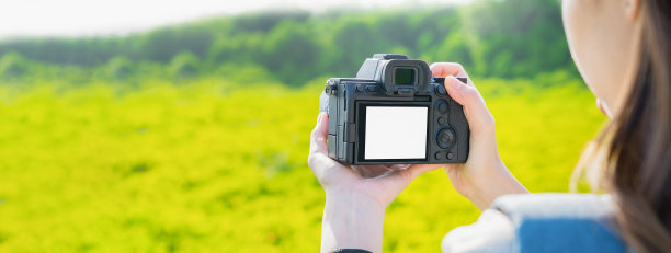 女游客手持数码相机在花园公园拍照。图片下载