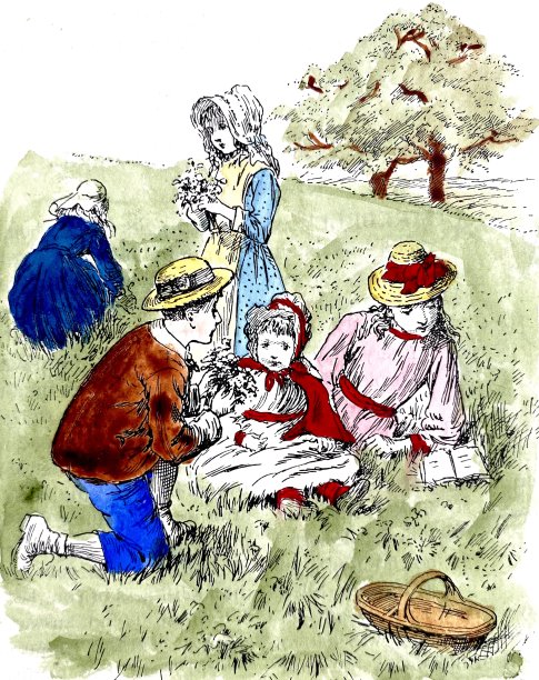 在草地上的家庭野餐图片下载