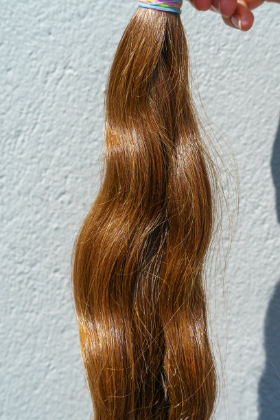 在灰色背景的日光下，女人的手握着剪短的头发图片下载