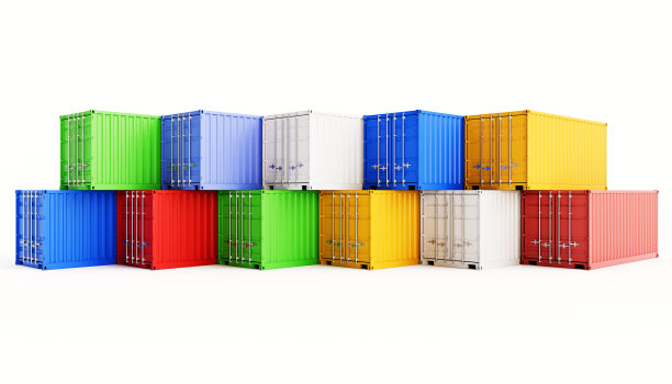 白色背景上不同颜色的货物集装箱。图片下载