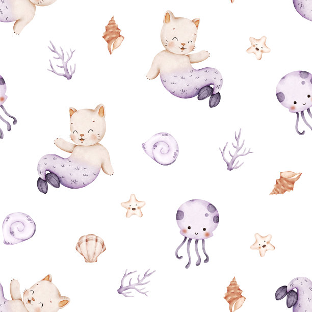 无缝宝宝图案与可爱的猫美人鱼，海贝壳，海星和水母。手绘水彩设计。适用于织物、纺织、包装图片下载