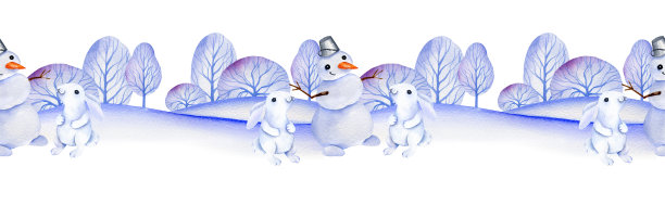 水彩无缝边界与冬天的树，雪人和可爱的兔子，手绘插图圣诞森林，假期背景的卡片孤立在白色背景图片下载