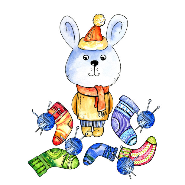 冬季主题的水彩构图与针织温暖的袜子和可爱的兔子在温暖的衣服，手绘插图孤立在白色的背景图片下载