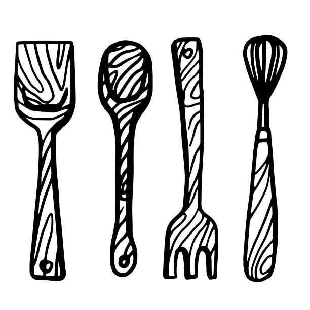 一套厨具，厨房工具，烹饪和烘焙用具。矢量图形插图孤立在白色背景上。涂鸦厨房抹刀、勺子收藏。图片下载