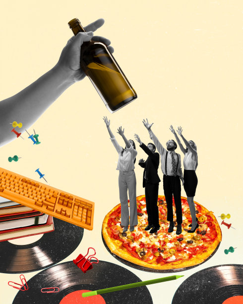 工作后放松。快乐的员工喝着啤酒，吃着披萨。周五狂欢。当代艺术拼贴。图片下载
