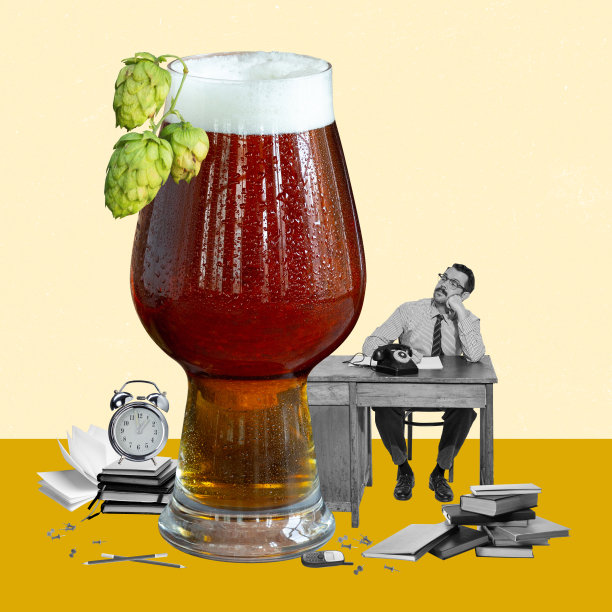 无聊和疲惫的员工坐在工作桌旁，梦想着晚上喝啤酒。最后期限和放松。当代艺术拼贴。图片下载