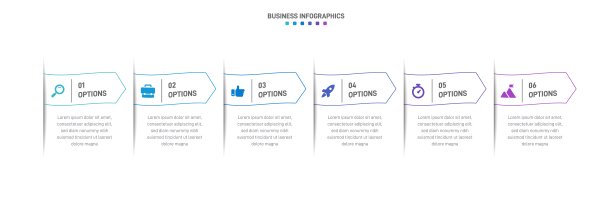时间线信息图与信息图表。具有6种业务流程的现代表示模板。网站模板白色背景的概念现代设计。横向布局。图片下载