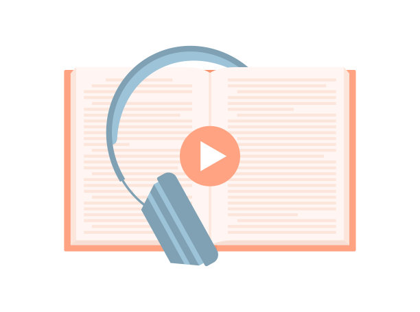 打开书与耳机和播放按钮隔离在白色背景。平面矢量图图片下载