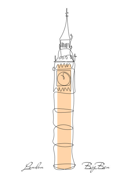 著名旅游景点大本钟的线条图。威斯敏斯特宫，大本钟，英国。图片下载