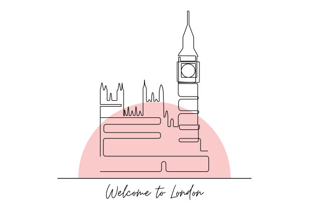 著名旅游景点大本钟的线条图。威斯敏斯特宫，大本钟，英国。图片下载