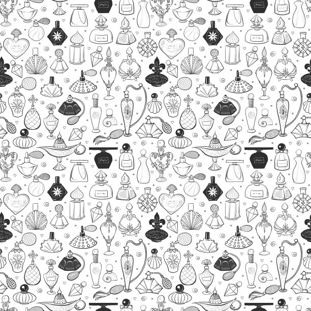 无缝图案涂鸦香水。可用于墙纸，图案填充，纺织品，网页背景，表面纹理。图片下载