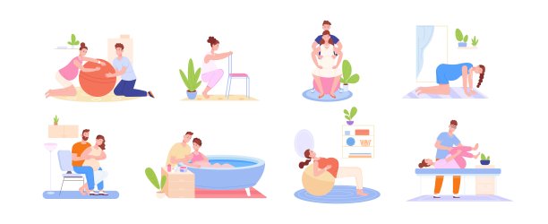 出生的位置。位儿分娩阵痛，家庭备孕孕妇，分娩水浴，体操练习准备阵痛，精彩的矢量插画图片下载