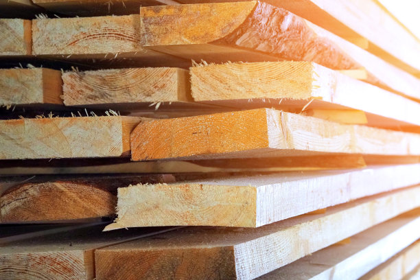 新刨过的木板堆放在锯木厂。建筑材料的采购和销售。干燥的木头。木工。图片下载