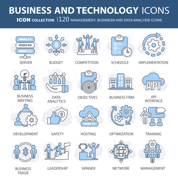 商业、数据分析、组织管理和技术图标集。团队合作，战略，规划，营销，云技术，数据分析，员工图标集。图标矢量集合图片下载