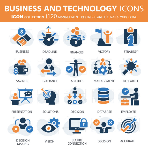 商业、数据分析、组织管理和技术图标集。团队合作，战略，规划，营销，云技术，数据分析，员工图标集。图标矢量集合图片下载